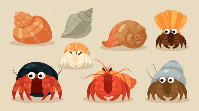 Set of cute cartoon hermit crabs and sea shells vector illustrations isolated on a plain background