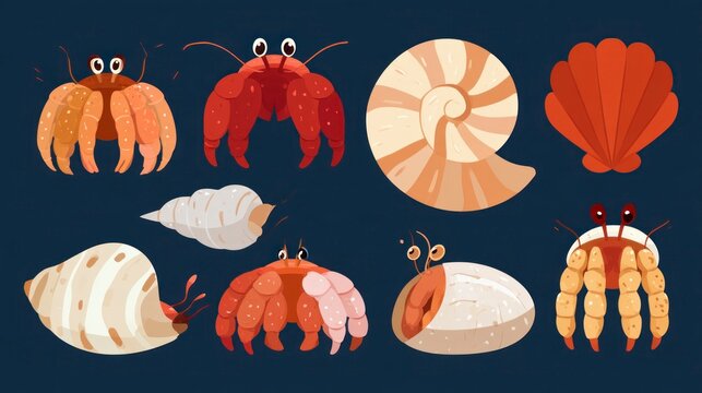 Set of Cute Cartoon Hermit Crabs and Sea Shells Illustration