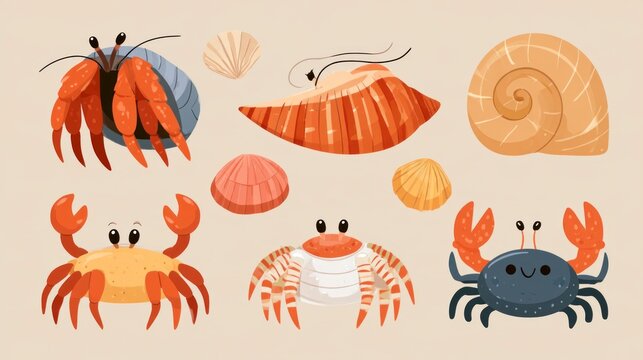 Set of Cute Cartoon Crabs and Seashells Illustrations, Marine Life Characters