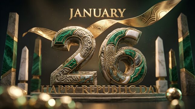 January 26 Happy Republic Day 3D Render with Malachite and Gold Ornaments