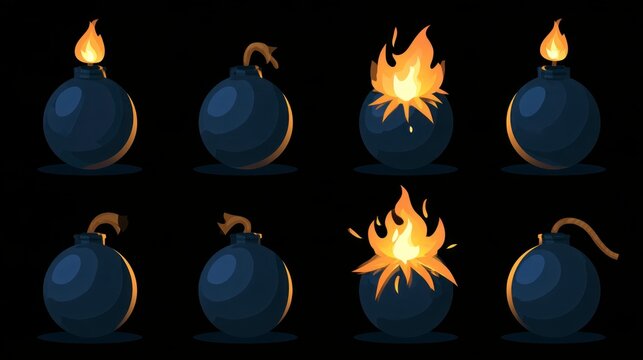 Cartoon bomb sprite sheet for game animation with lit fuse and explosion effects on black background
