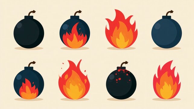 Set of Cartoon Bomb and Fire Icons, Flat Vector Illustration of Explosives and Flames