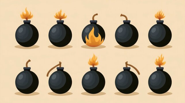 Set of cartoon bomb icons with lit and unlit fuses on a beige background