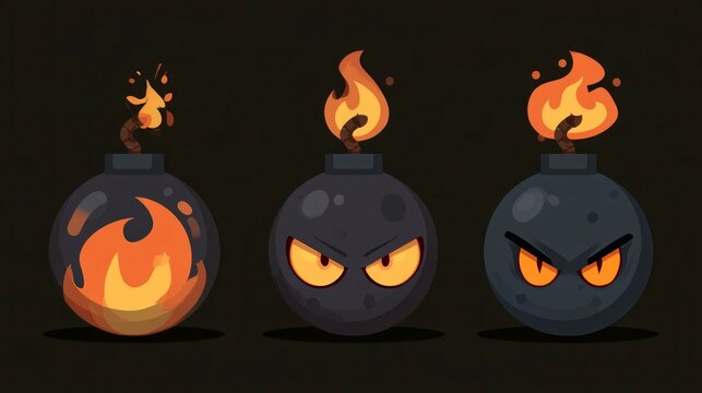 Set of three cartoon round black bombs with glowing orange eyes and burning fuses on a dark background
