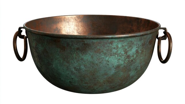 Antique Weathered Copper Bowl with Verdigris Patina and Ring Handles Isolated on White