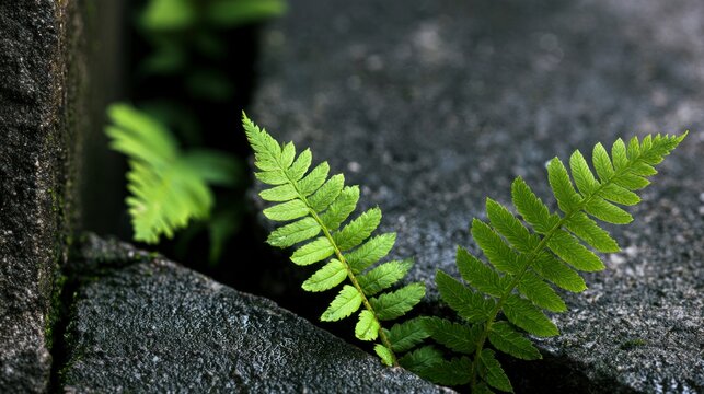 Close-up of vibrant green ferns growing from a narrow crack between dark wet stones