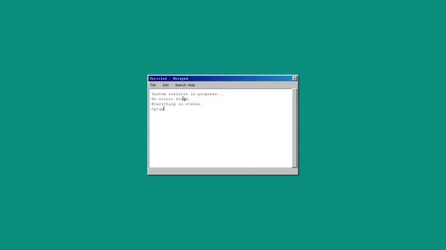 Retro computer screen displaying a classic notepad window with system analysis text being typed on a teal desktop background for nostalgia theme.