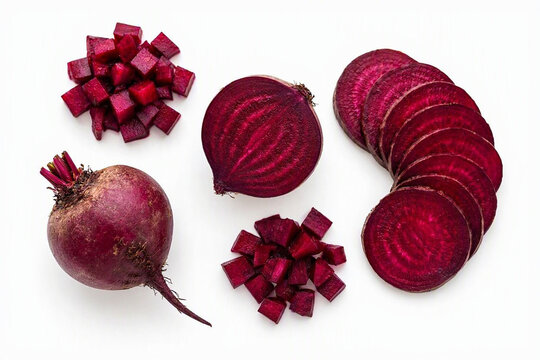  Fresh beets isolated on a clean white background, whole beetroot, halved beetroot, thin slices and diced pieces arranged clearly, realistic deep natural texture, professional food ingredient photo