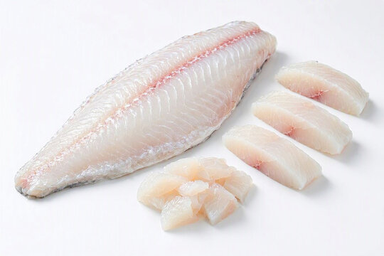 Fresh white fish fillet isolated on a clean white background, whole fillet, sliced portions and small pieces arranged neatly, realistic delicate fish texture, professional seafood ingredient photograp