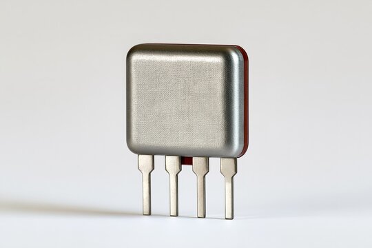 Square metallic device with red accents, three prongs for connection.