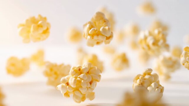 Popcorn kernels floating and tumbling through white space with soft shadows, showing textured snack pieces suspended in motion against clean minimal background with close viewpoint composition
