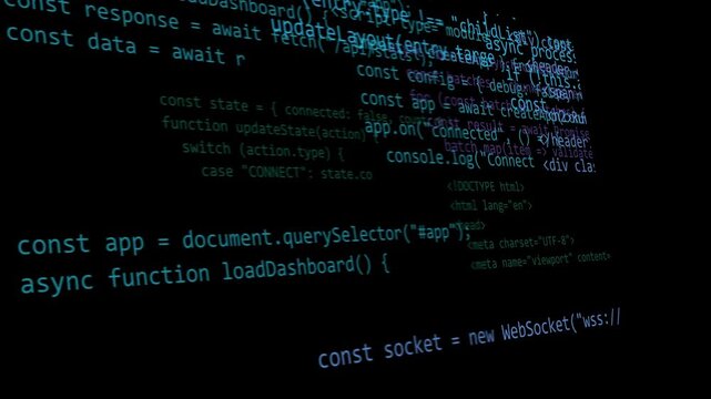 Animated programming code scrolling upward with typing effects on a dark background stock video