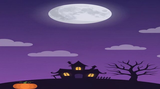 Halloween Vertical Background 9:16 Haunted House Silhouette Full Moon Drifting Clouds Purple Night Instagram Story Reels TikTok Copy Space Seamless Loop Flat Vector 4K