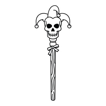 Medieval court fool skull wand macabre jester scepter ink sketch vector for occult themed branding