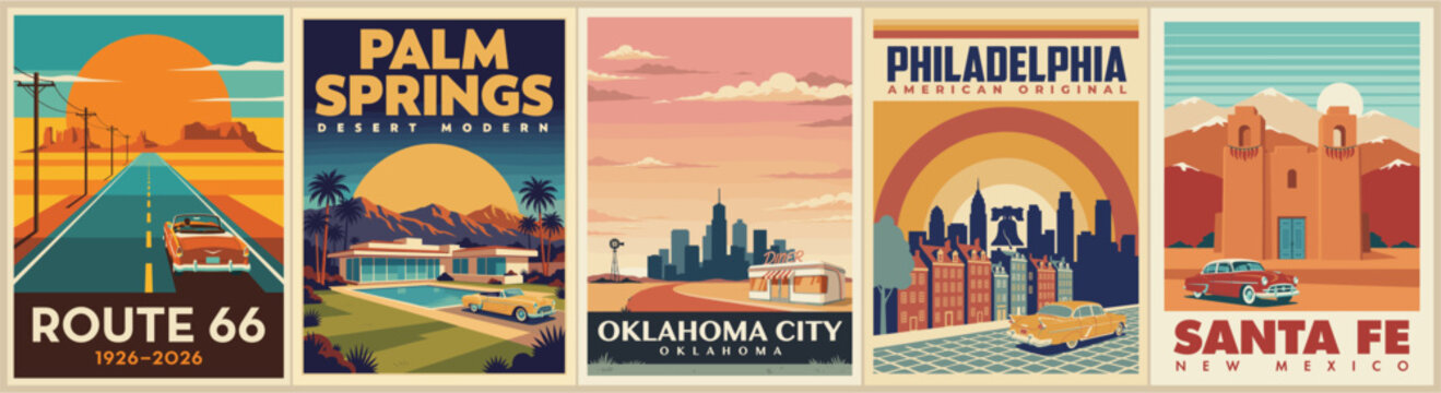 Sunset over Route 66, a classic American road. Vintage poster style evokes nostalgia and adventure. Palm Springs, California-desert oasis with vibrant hues. Oklahoma City skyline, bold