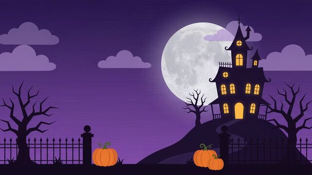 Halloween Haunted House On Hill Silhouette Glowing Windows Full Moon Drifting Clouds Purple Night Sky Animated Background Copy Space Seamless Loop Flat Vector 4K