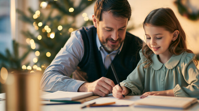 Father and young daughter writing holiday letters and resolutions at table. Winter family planning near Christmas tree
