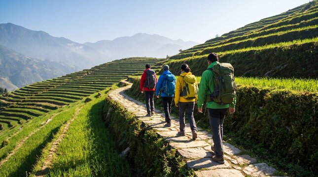Group of four hikers with backpacks walking in a line on a stone path between green terraced hills