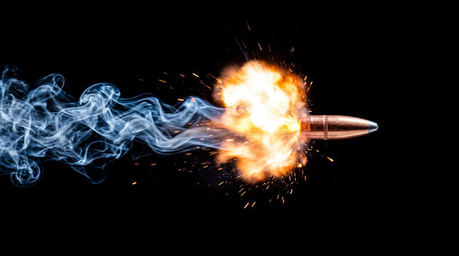 Close-up shot of a bullet in motion emitting a bright fiery explosion and a wispy blue smoke trail against a stark black background