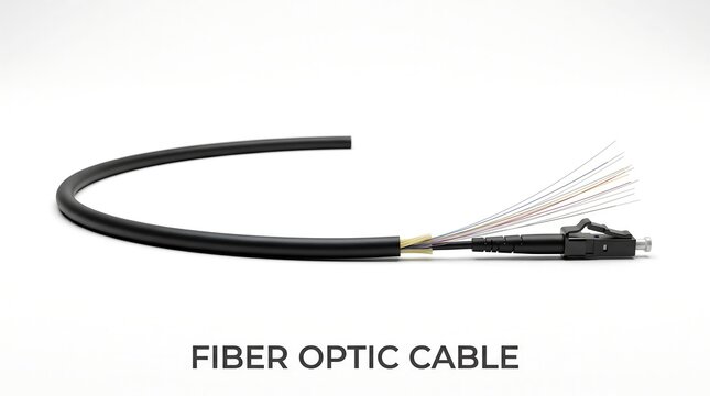 Fiber optic cable stripped with exposed multi colored glass strands and connector on white background for high speed data networks