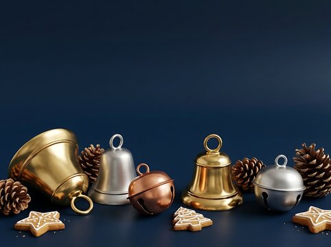 Golden silver and copper christmas bells with pinecones and cookies on dark blue background