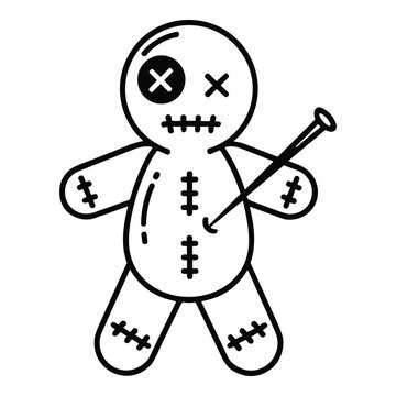 Voodoo doll curse ritual icon in minimalist black line art vector style for occult and esoteric branding