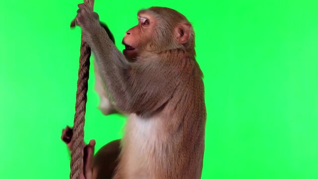 A realistic primate monkey climbing upwards against a bright green screen background for compositing