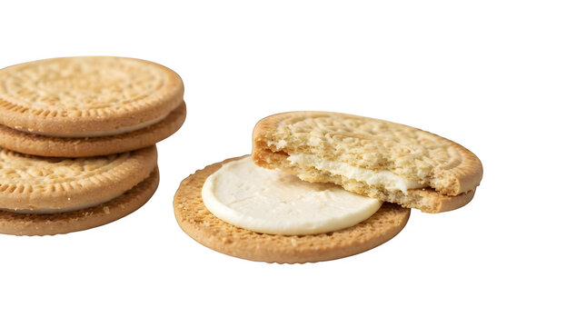 Delicious vanilla sandwich cookies with creamy filling isolated on transparent background