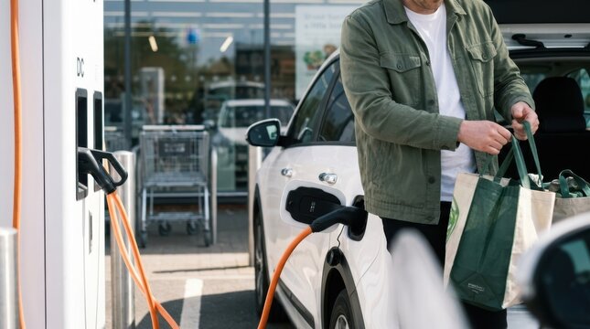 Shopper loading groceries into an electric crossover parked beside a fast charging station in a retail parking lot