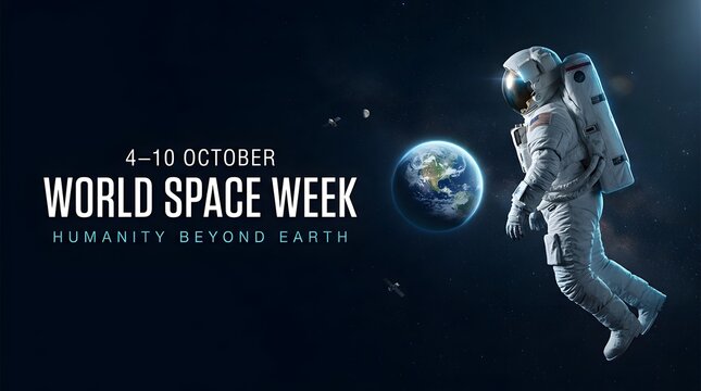 A professional astronaut floating in deep outer space near planet earth celebrating the annual event of world space week
