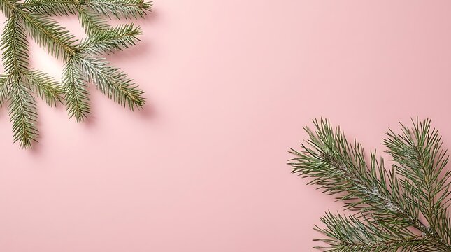 Evergreen branches with light frost on a pastel pink background winter holiday flat lay
