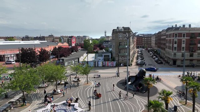 Aerial view of Superkilen Park, a public park located in the N&oslash;rrebro district of Copenhagen, Denmark.