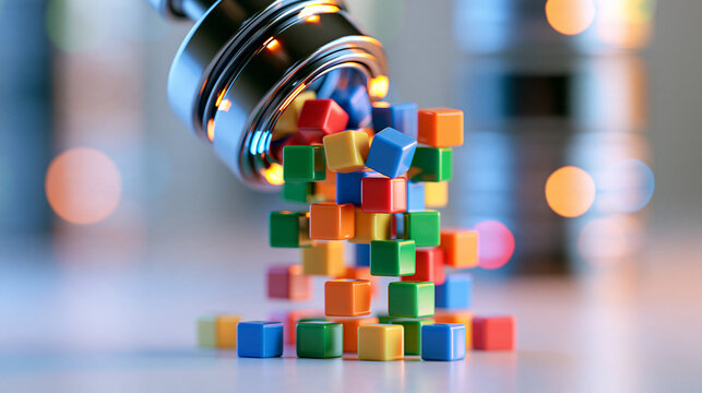 Clean 3d render of a machine learning classification algorithm sorting raw colorful data cubes into a structured database architecture on a light background machine learning