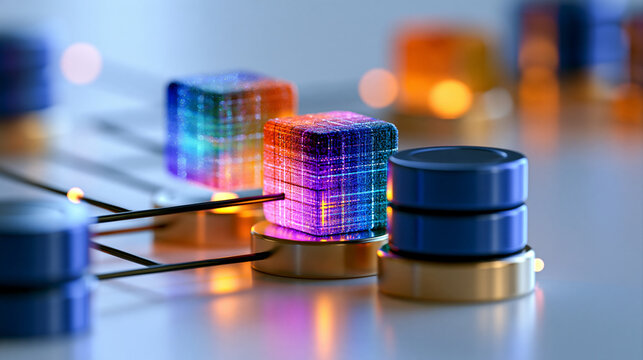 Clean 3d render of a machine learning classification algorithm sorting raw colorful data cubes into a structured database architecture on a light background machine learning