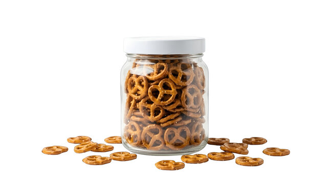 Glass jar filled with salty pretzels isolated on transparent background