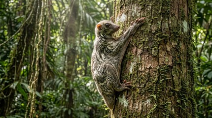Fototapeta premium Lemur climbing a mossy tree trunk in a lush, sunlit tropical rainforest with dense green foliage in the background, concept of wildlife and natural habitat