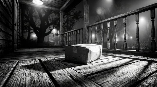 Cardboard box on a rustic wooden porch at night, illuminated by a single overhead light, with a mysterious, foggy background featuring trees and streetlights, concept of mystery and suspense