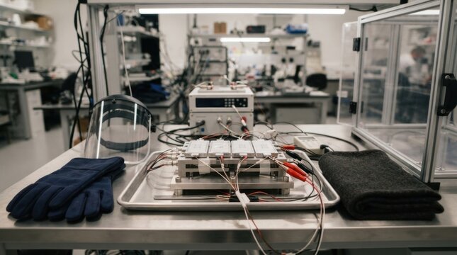 Battery safety testing setup with solid-state cells, thermocouples, insulated clips, fire blanket, thermal gloves, and protective enclosure.