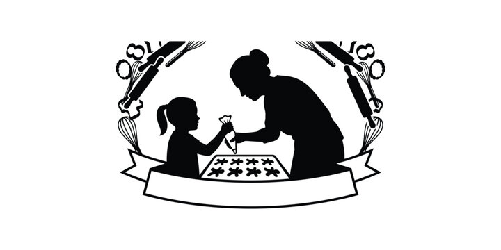 Woman teaching child to braid hair with scissors and brushes isolated on white background.