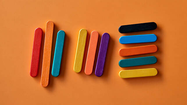 Top view of colorful wooden sticks arranged in three separate groups on an orange background seo concept on site optimization technical optimization off site optimization strategies