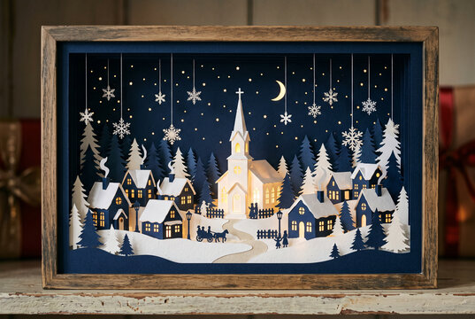 Festive paper village winter night shadow box scene