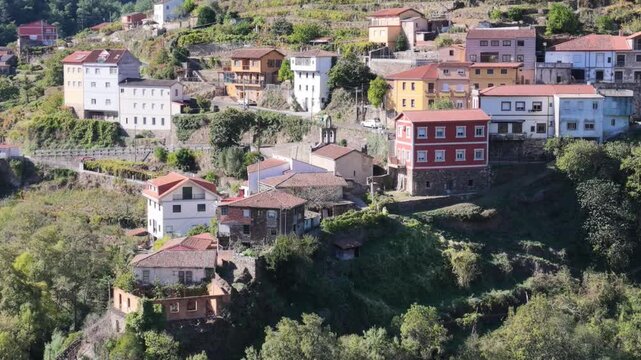 Landscape and panoramic view of the village of Os Peares in Lugo, Galicia, Spain