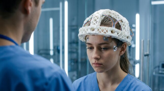 Young Female Patient Wearing a 3D Printed Brain-Computer Interface Headset in a Modern Medical Research Laboratory with a Scientist, concept of neurotechnology and medical innovation