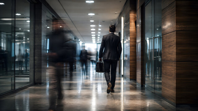 Businessman walks away down dark wood office corridor carrying briefcase past blurred colleague doorway near glass