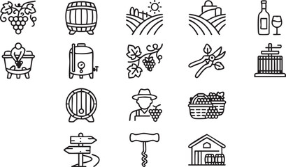 Naklejka premium Minimalist winemaking icons set featuring vineyard harvest and winery