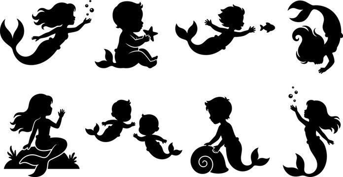 Collection of cute baby mermaid and merman silhouettes playing underwater isolated on white background.