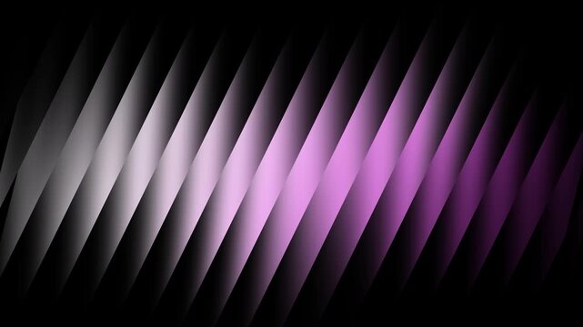 Abstract glass wave motion background video. White, pink and purple diagonal glossy stripes with soft gradient glow on black. Seamless loop footage backdrop for technology, music and website design.