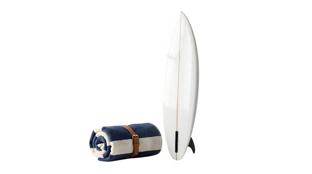 A rolled blue and white striped beach towel with a leather strap next to a white surfboard isolated on transparent background