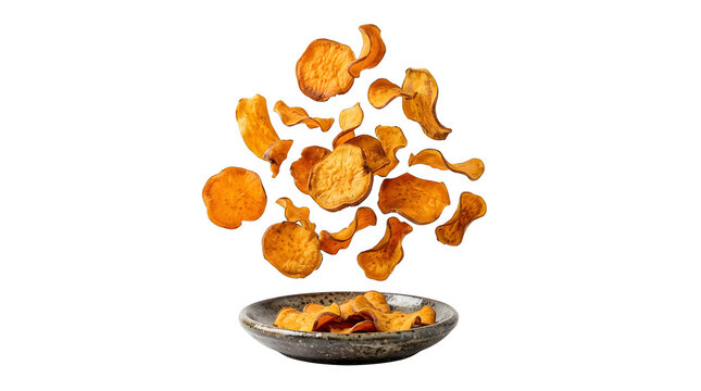 Crispy sweet potato chips floating in the air above a small ceramic bowl isolated on transparent background
