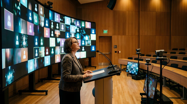 University Professor Teaching via Hybrid Setup in Empty Lecture Hall